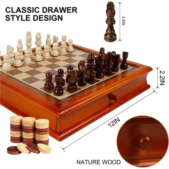 Wooden Chess & Checkers Set with Storage Drawer,12 Inch Classic 2 in1 Board Game - Picture 2 of 7